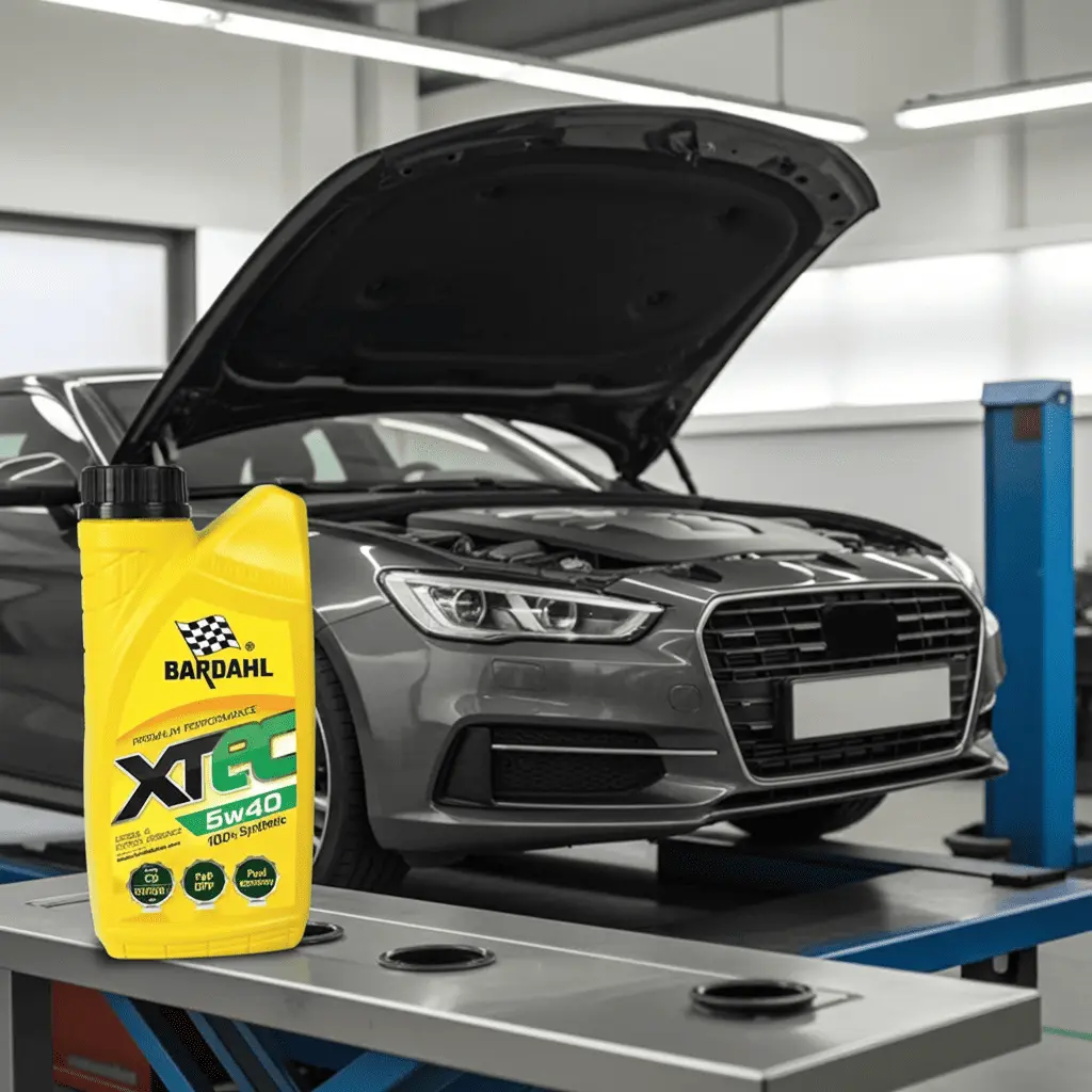 Професійна заміна масла: 1-літрова каністра Bardahl на верстаку в автосервісі. Якісне масло для надійного захисту двигуна.